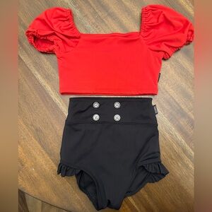 Tiger Friday Dance Wear or Costume. Red Top and Black High-Waisted Shorts Set